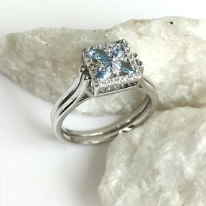 Reversible Blue sapphire cz ring size 8 cathedral set 14k white gold overlay
